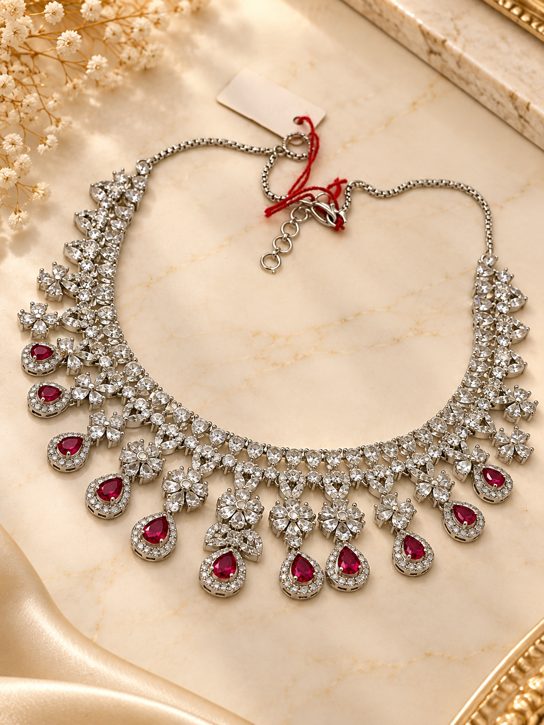 Ruby Royal Floral Cascade American Diamond Necklace Set