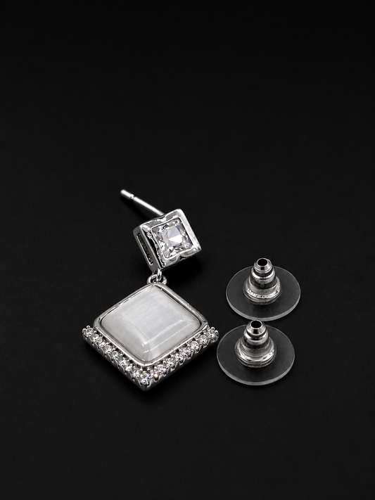 Silver Square Crystal Drop Earrings