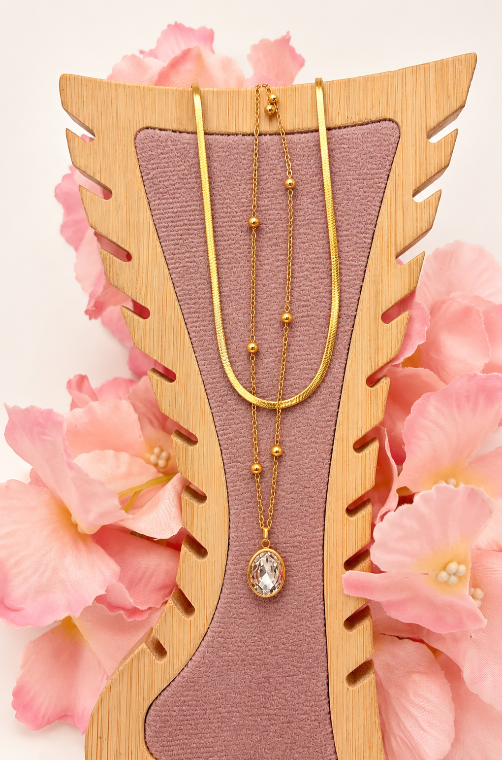 Golden Oval Crystal Layered Necklace