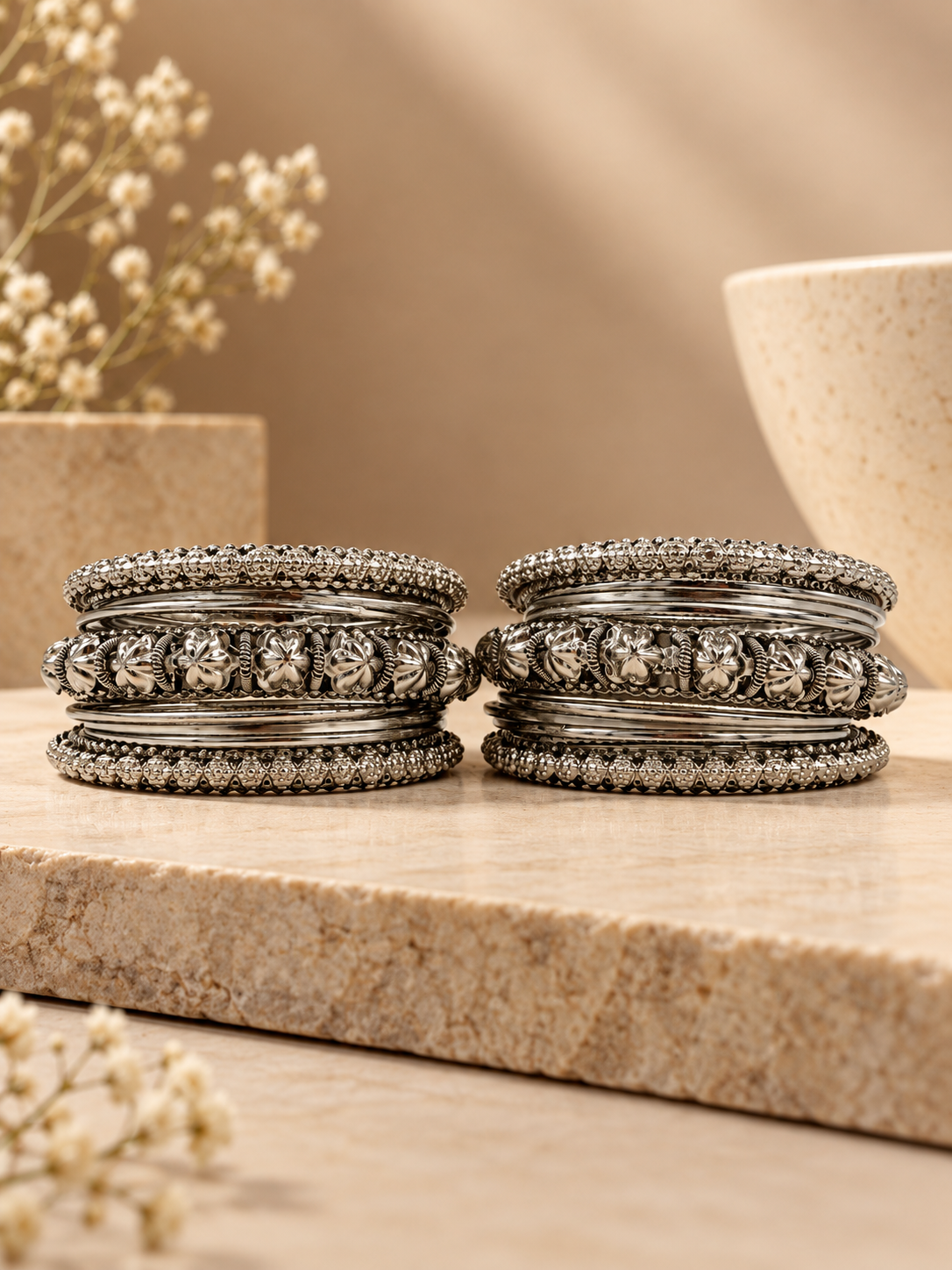 Antique Floral Oxidized Silver Bangle Set