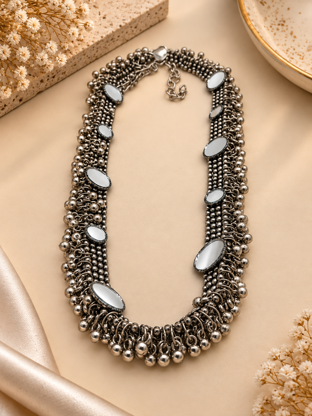 Oxidized Silver Oval Mirror Waist Chain