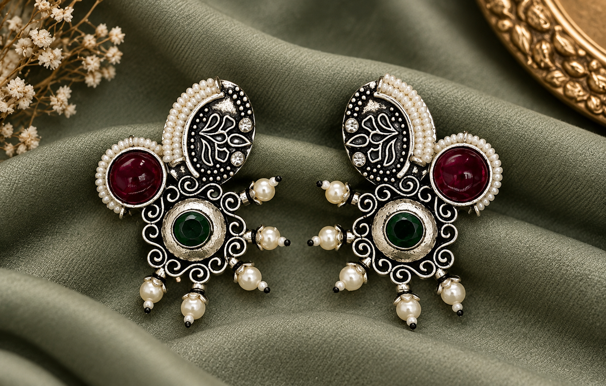 Green & Red Pearl Ethnic Earrings
