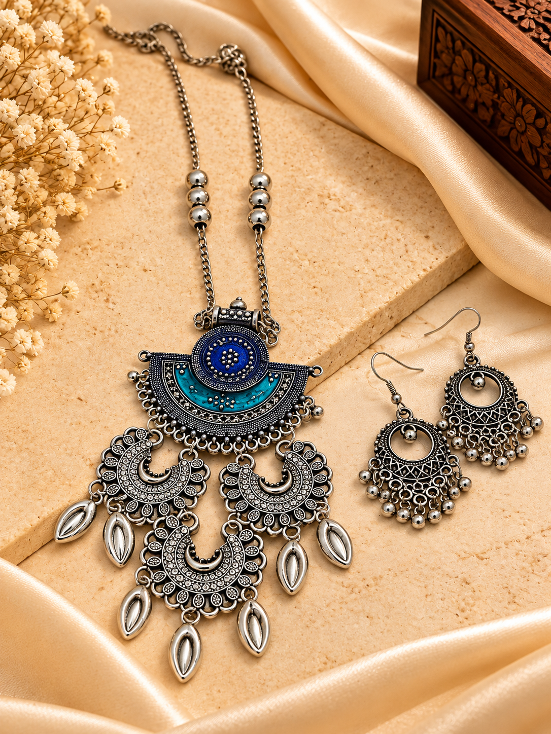 Oxidized Silver Peacock Mandala Long Necklace Set