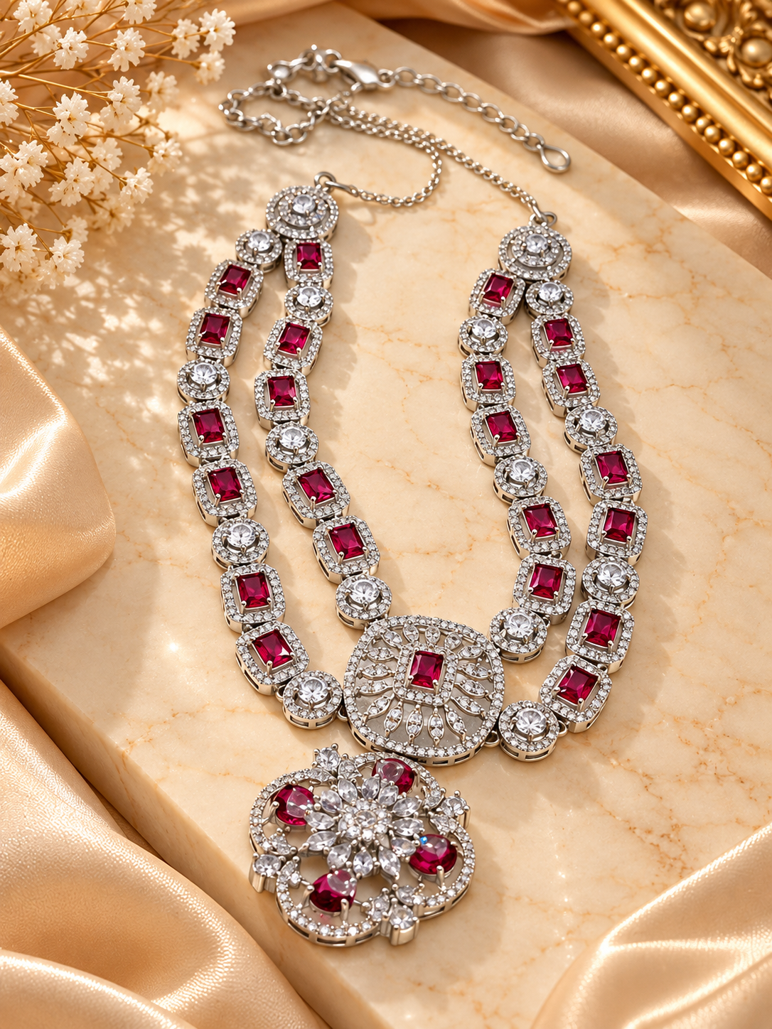 Ruby Red Regal Double-Layer AD Necklace Set