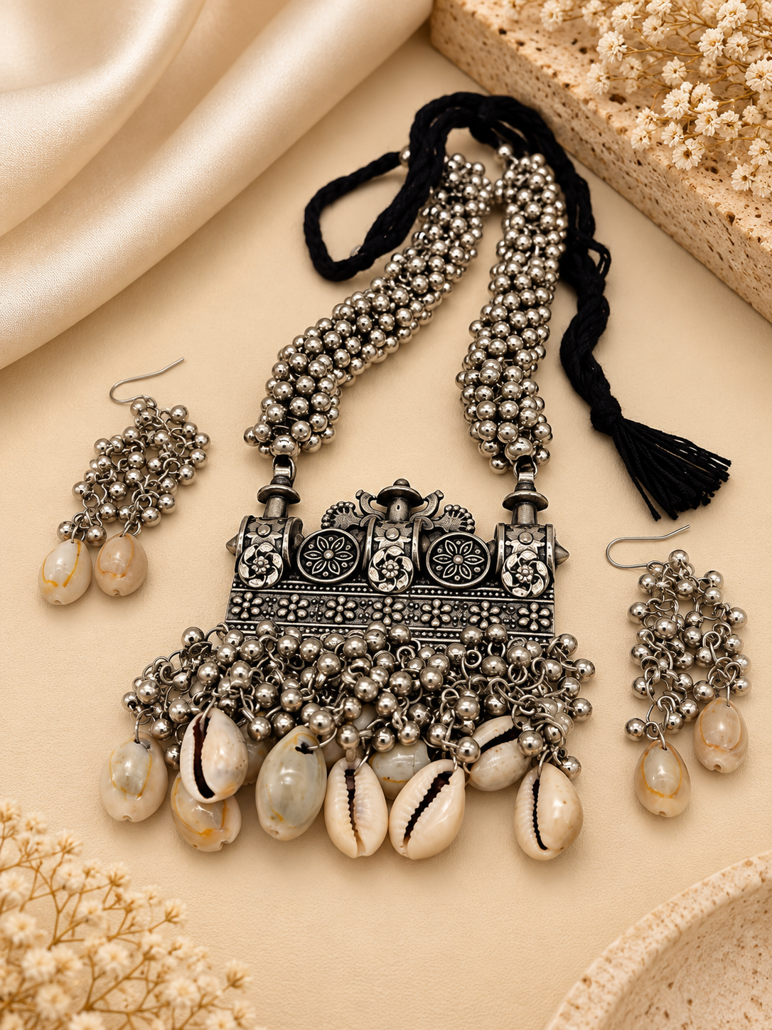 Pearl Cascade Oxidized Silver Necklace Set