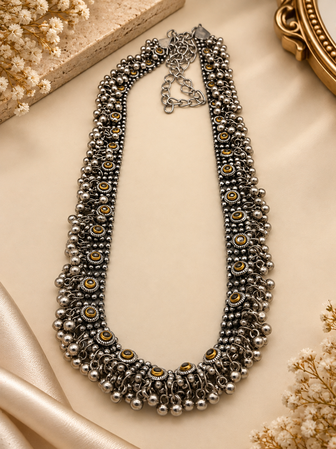 Oxidized Silver Golden Accent Waist Chain