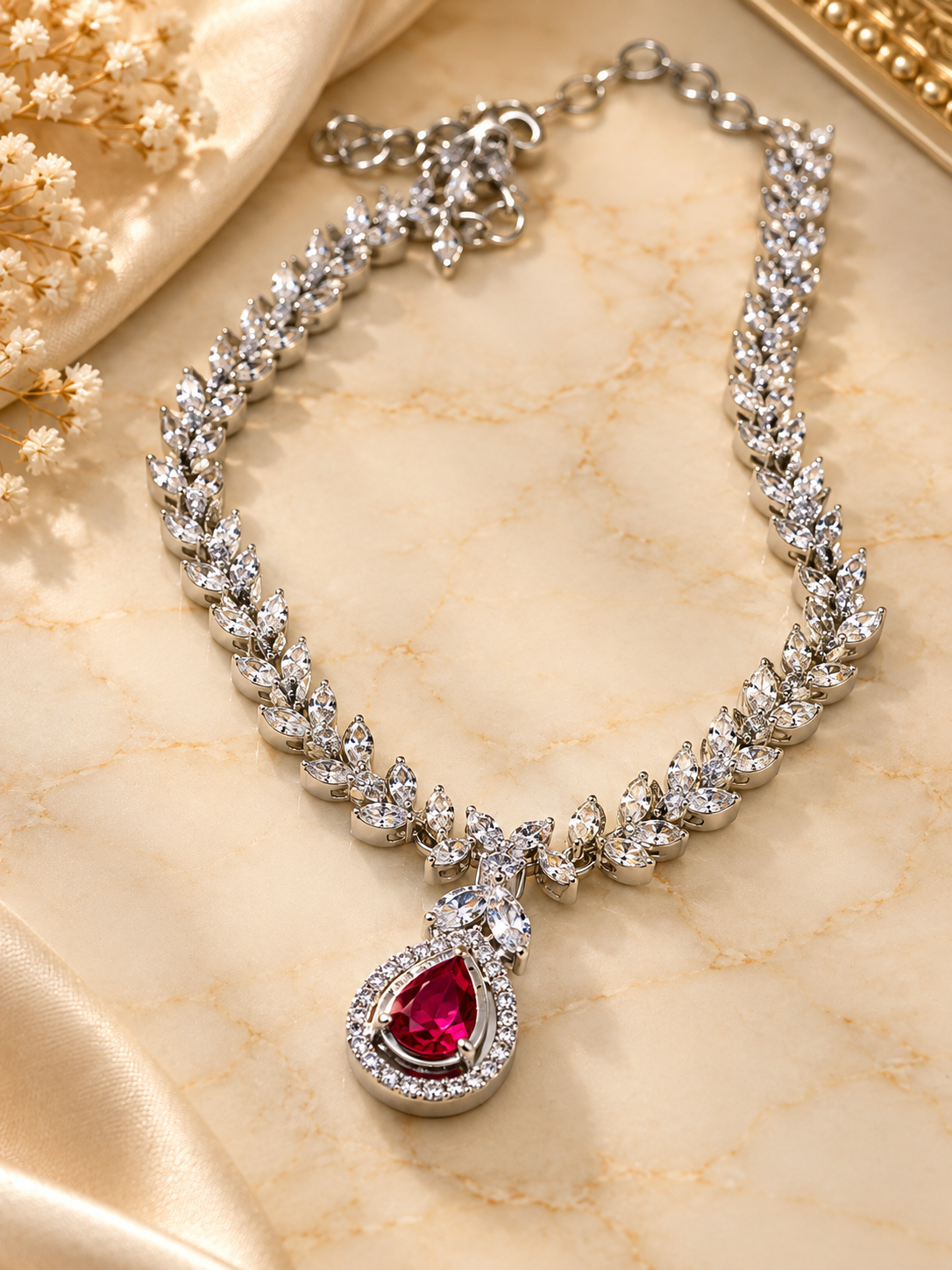 Ruby Red Leaf Vine AD Necklace Set
