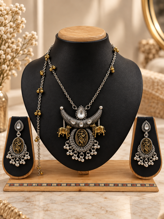 Oxidized Silver Crescent Pendant Necklace Set
