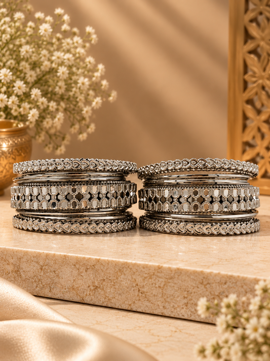 Silver Crystal Bloom Bangle Set