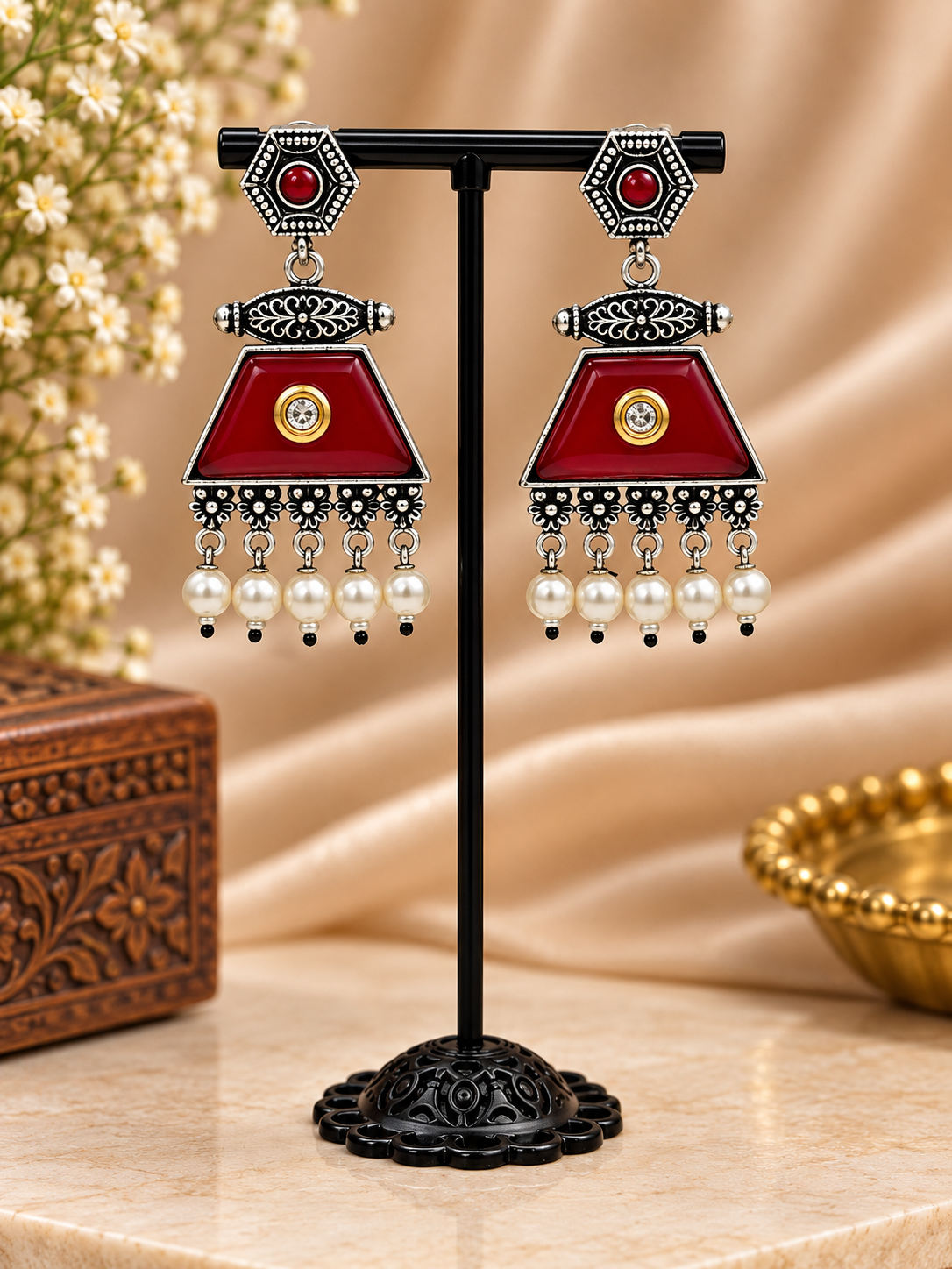 RED Enamel Pearl Drop Earrings