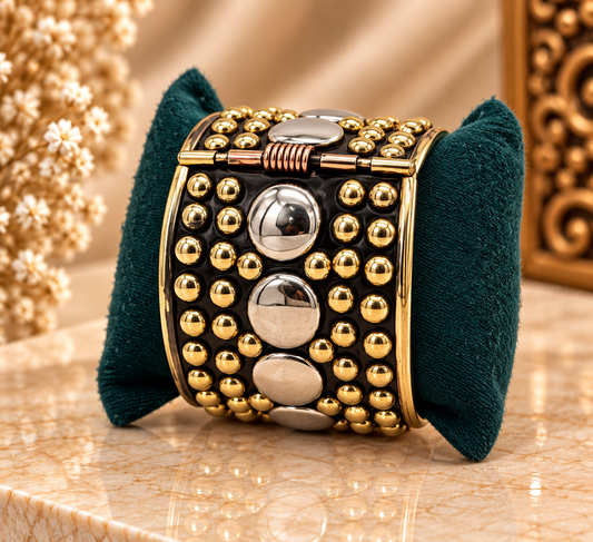 Antique Silver Black & Gold Circular Studded Statement Kada