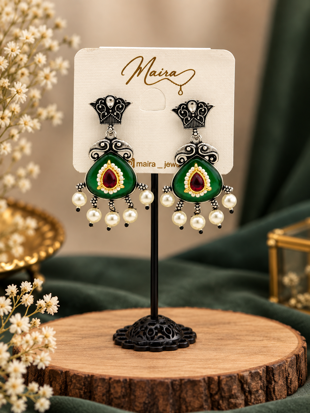 Green Enamel Pearl Drop Earrings