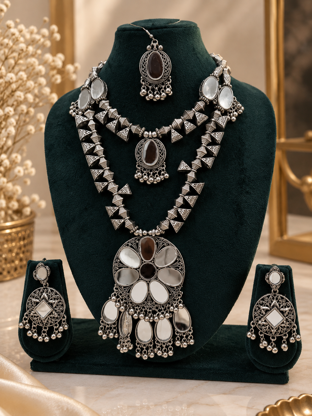 Oxidized Silver Floral Pearl Necklace Set