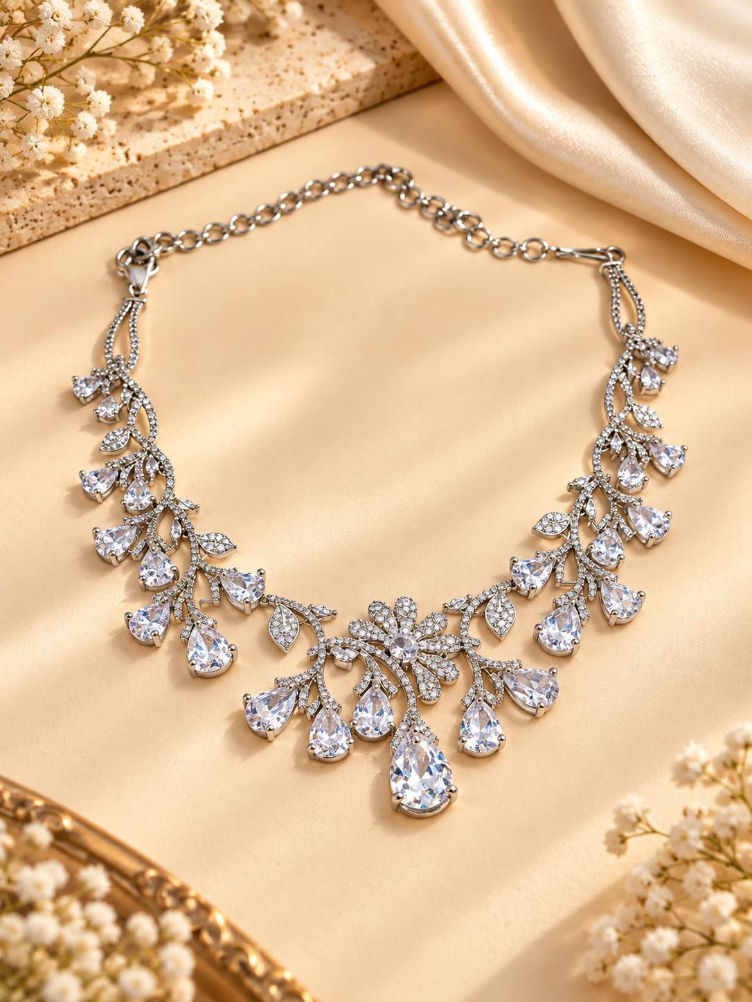 Floral Cascade American Diamond Necklace Set