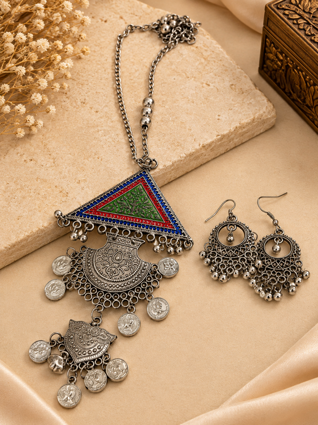 Oxidized Silver Tribal Triangle Pendant Necklace Set