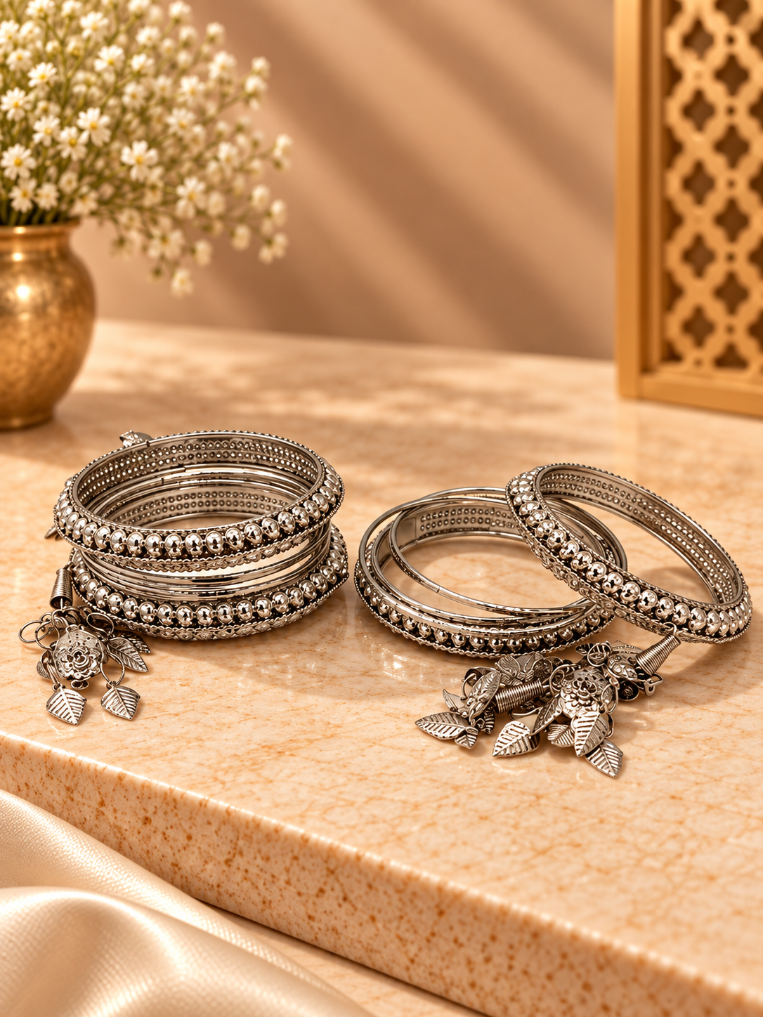 Antique Silver Ghungroo Charm Bangle Set