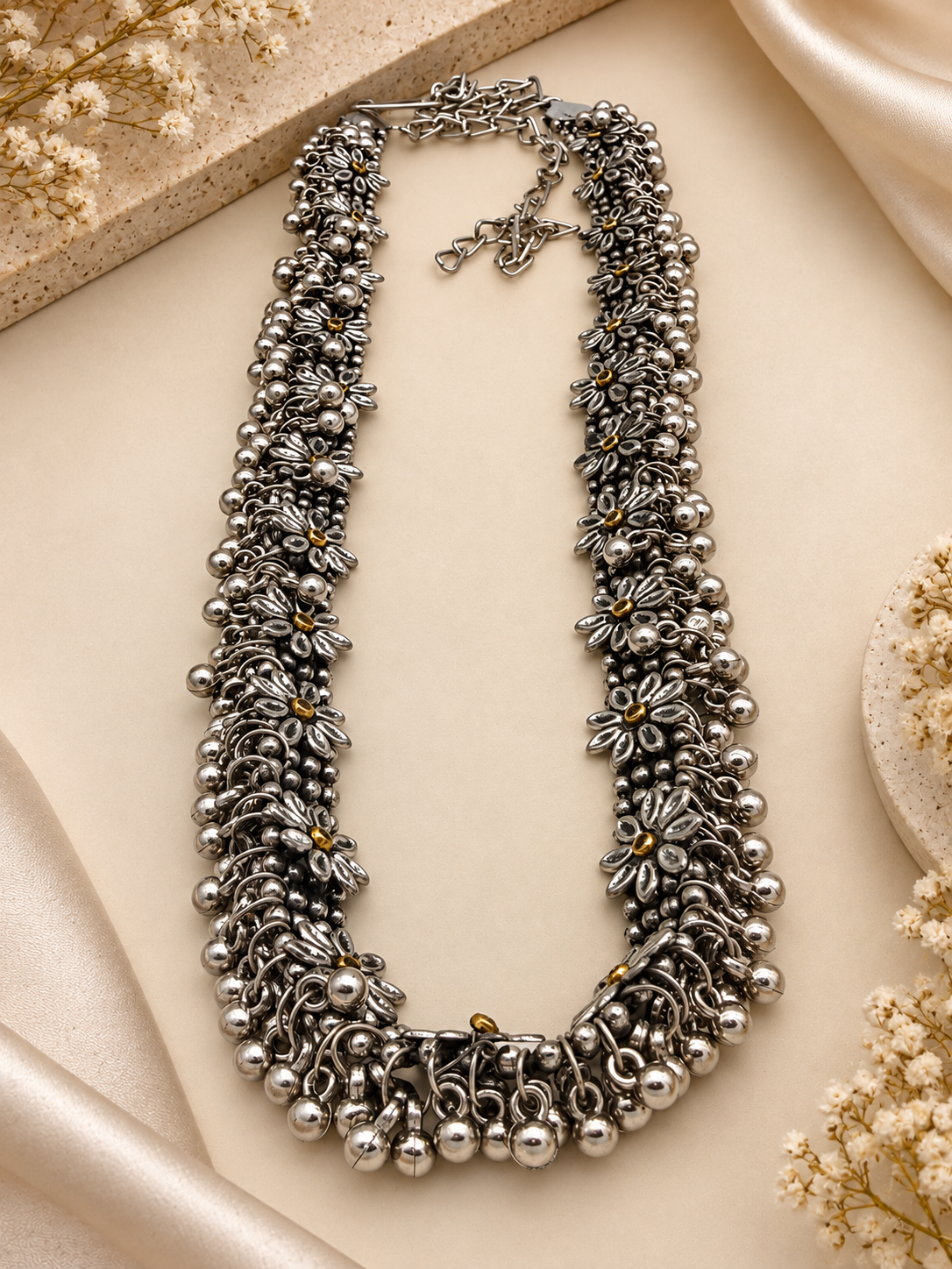 Oxidized Silver Floral Beaded Waist Chain