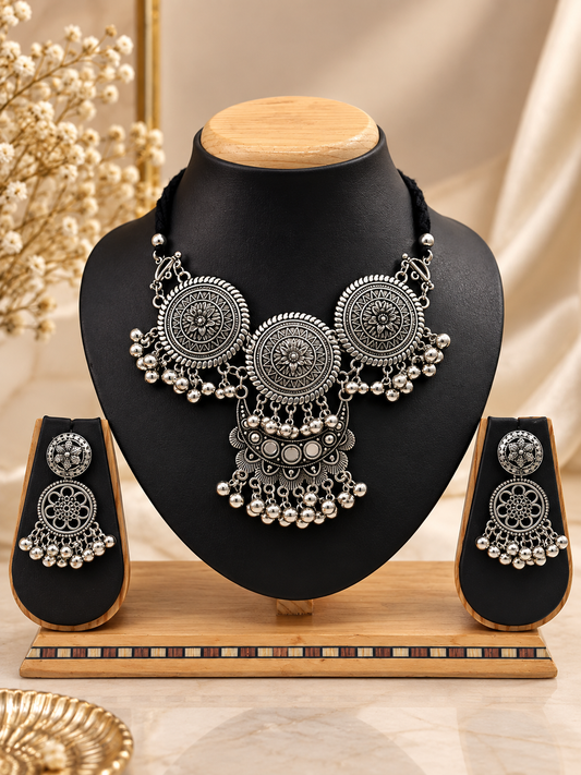 Oxidized Silver Triple Medallion Necklace Set