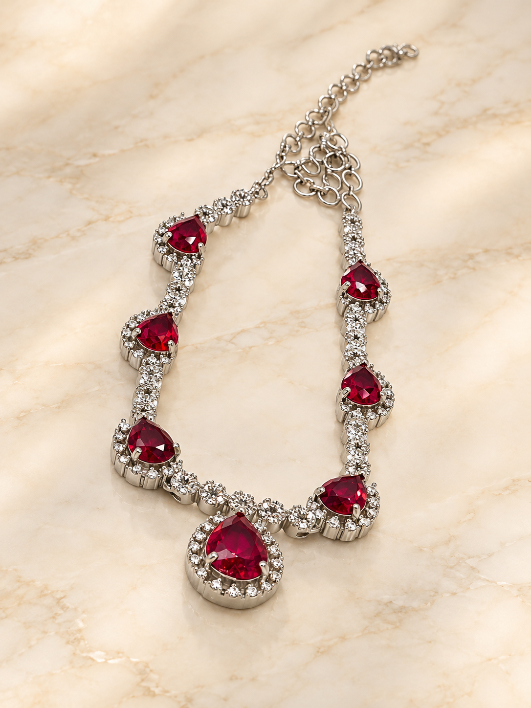 Ruby Red Teardrop American Diamond Necklace Set