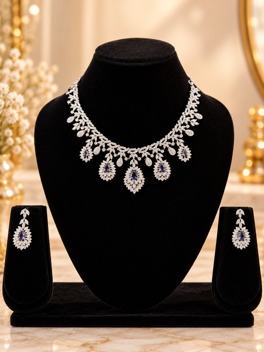Royal Blue Floral American Diamond Necklace Set