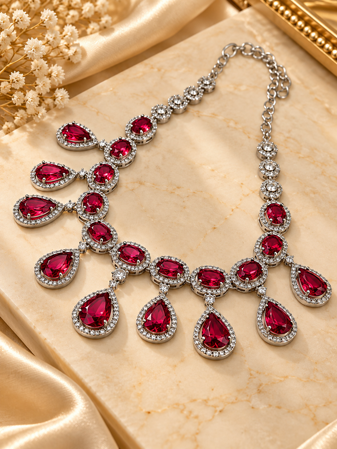Ruby Red Cascade American Diamond Necklace Set