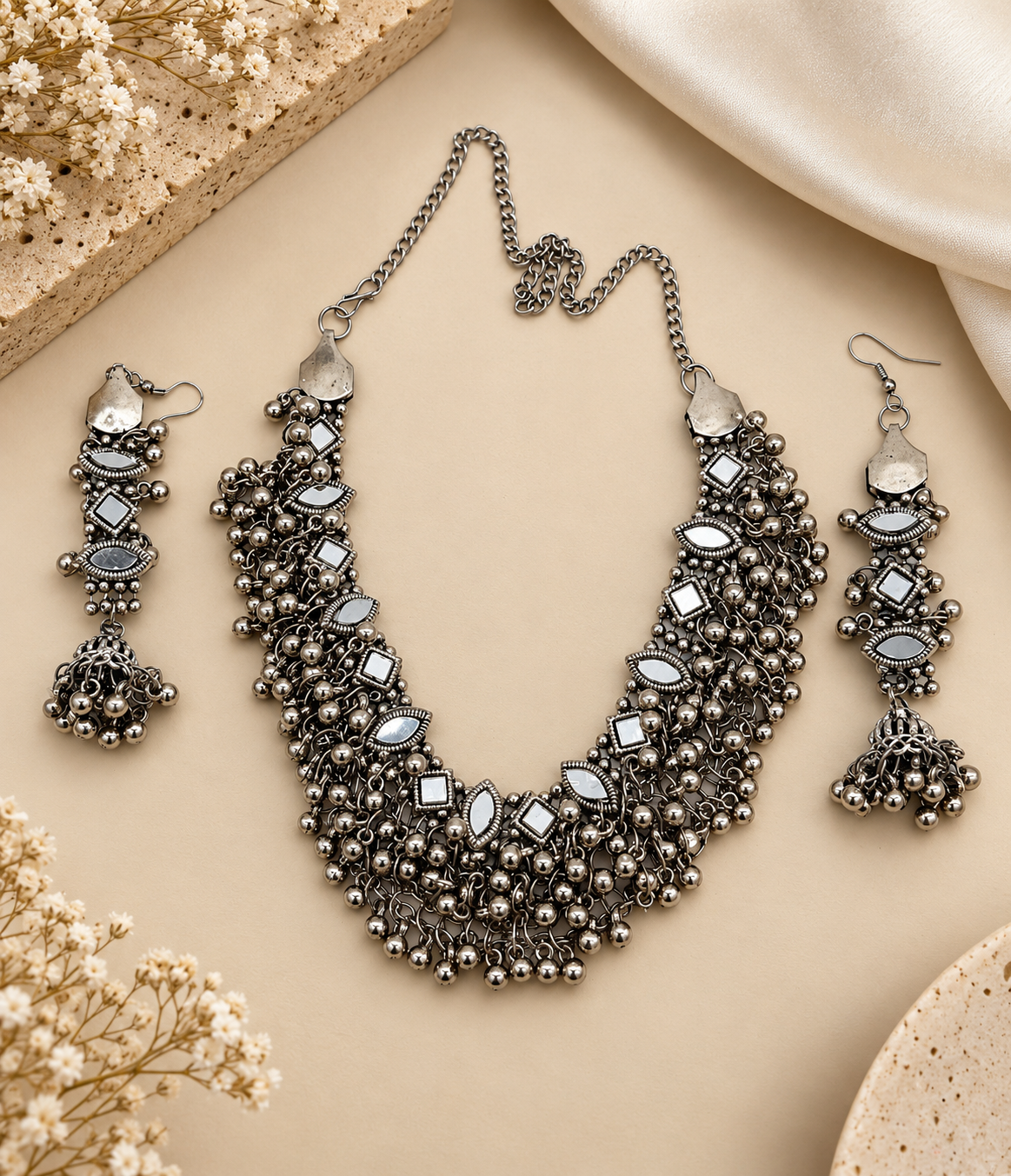 Oxidized Silver Mirrorwork Layered Necklace Set
