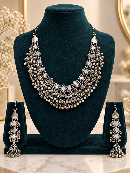 Oxidized Silver Mirrorwork Layered Necklace Set
