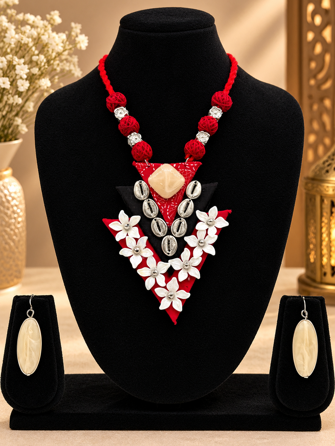 RED Tribal Floral Necklace