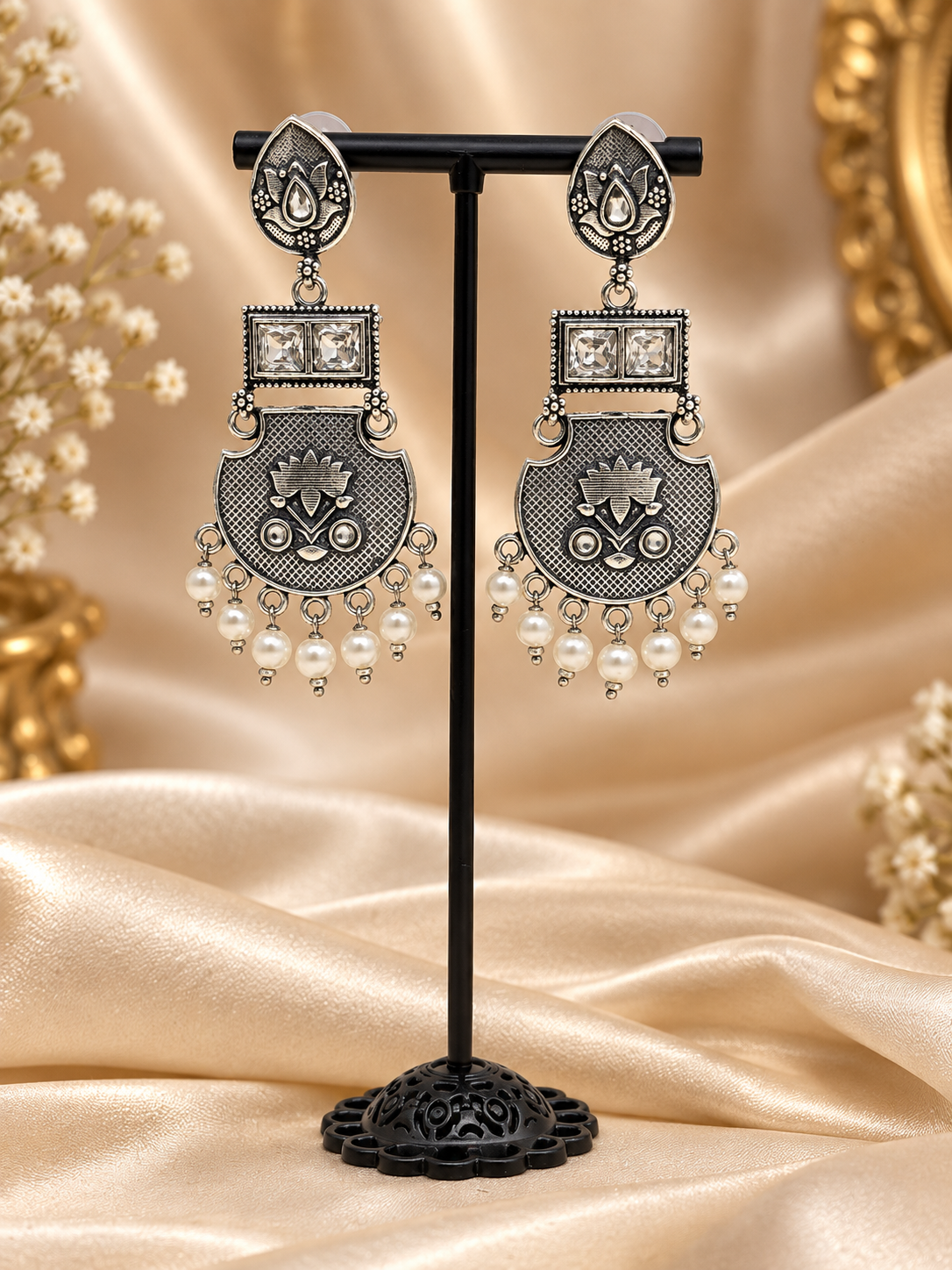 Silver Tribal Pearl Drop Earrings