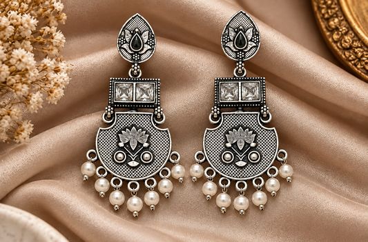 Silver Tribal Pearl Drop Earrings