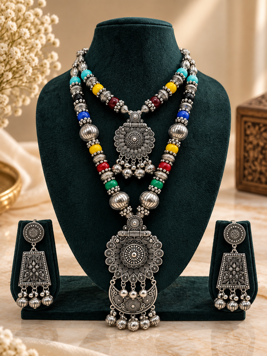 Multicolor Beaded Oxidized Silver Layered Necklace Set