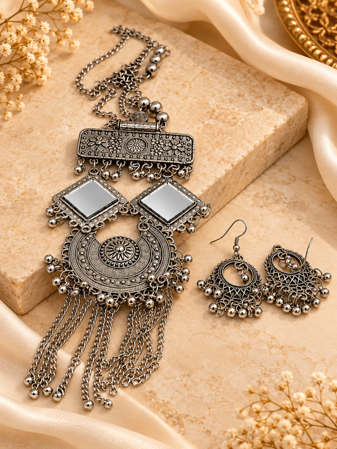 Oxidized Silver Geometric Cascade Necklace Set