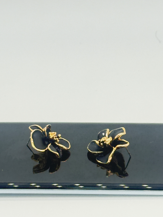 Black Blossom Gold Stud Earrings