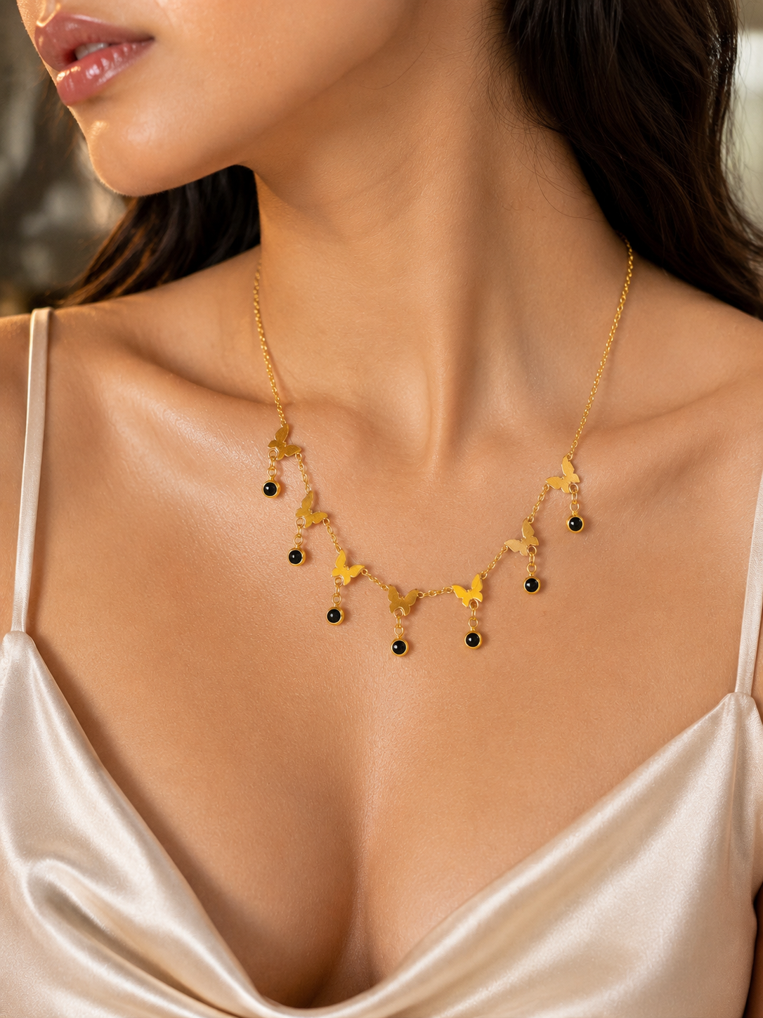Golden Butterfly Black Bead Charm Necklace