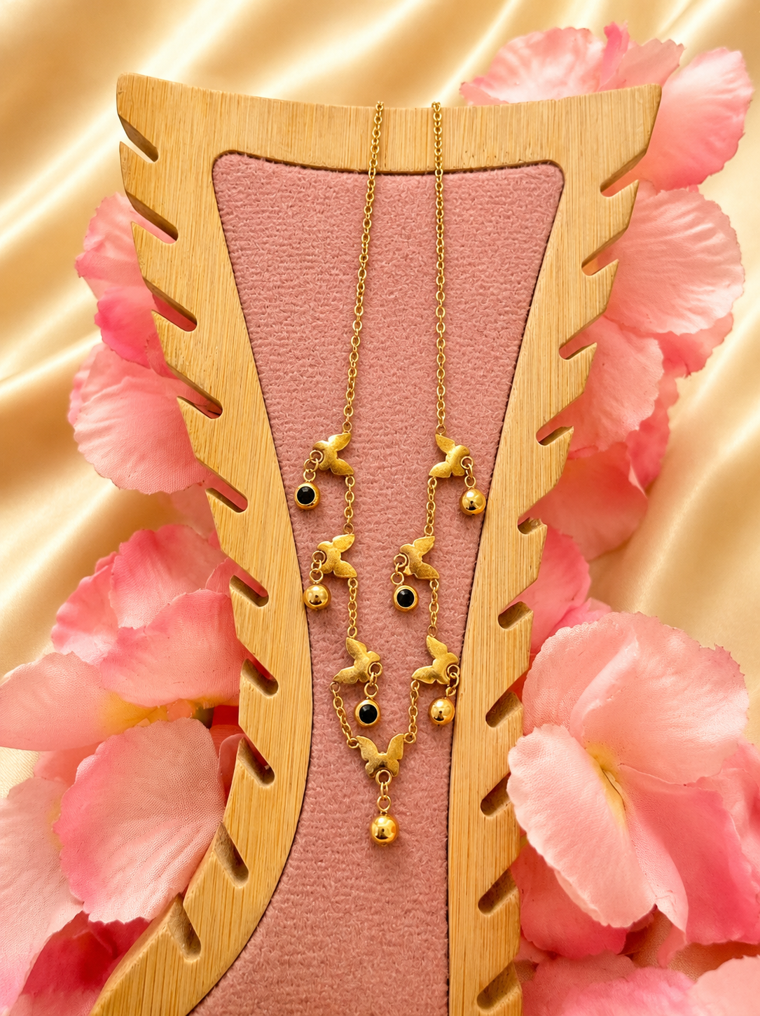 Golden Butterfly Black Bead Charm Necklace
