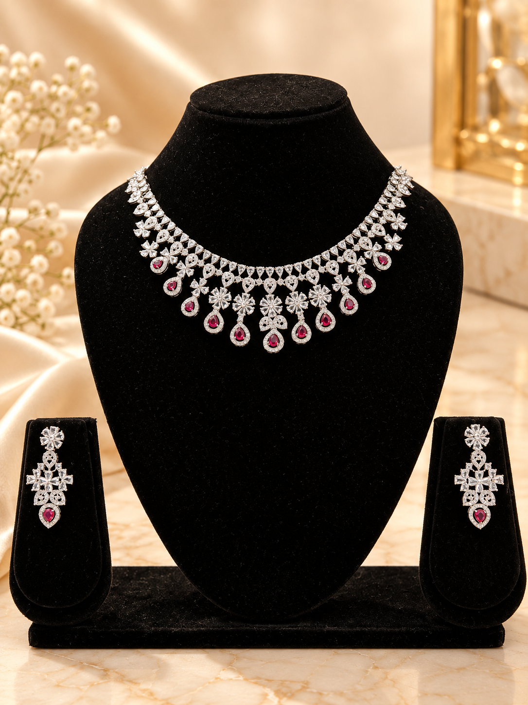 Ruby Royal Floral Cascade American Diamond Necklace Set