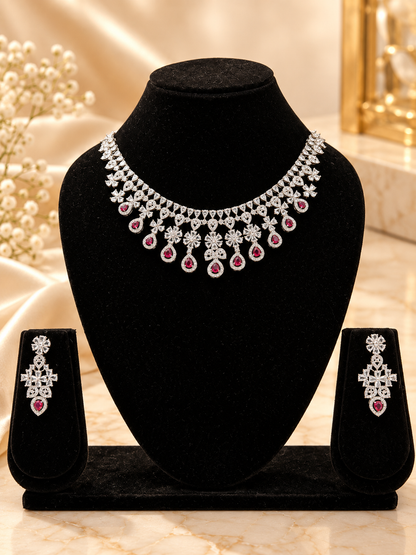 Ruby Royal Floral Cascade American Diamond Necklace Set