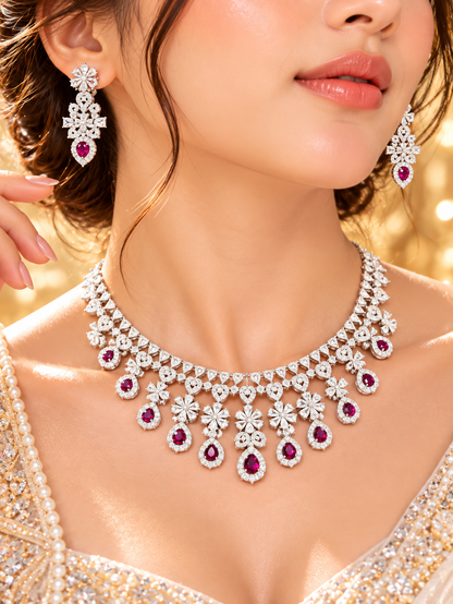 Ruby Royal Floral Cascade American Diamond Necklace Set