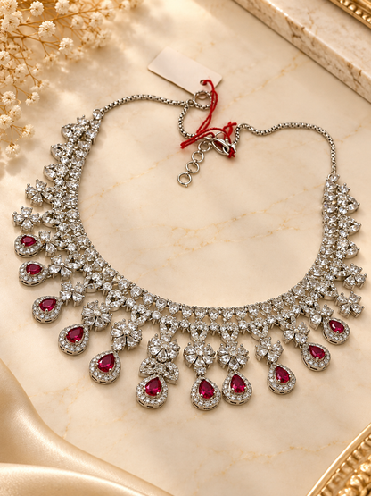 Ruby Royal Floral Cascade American Diamond Necklace Set