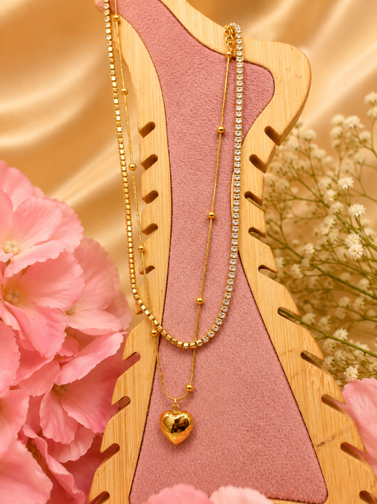 Golden Crystal Heart Layered Necklace