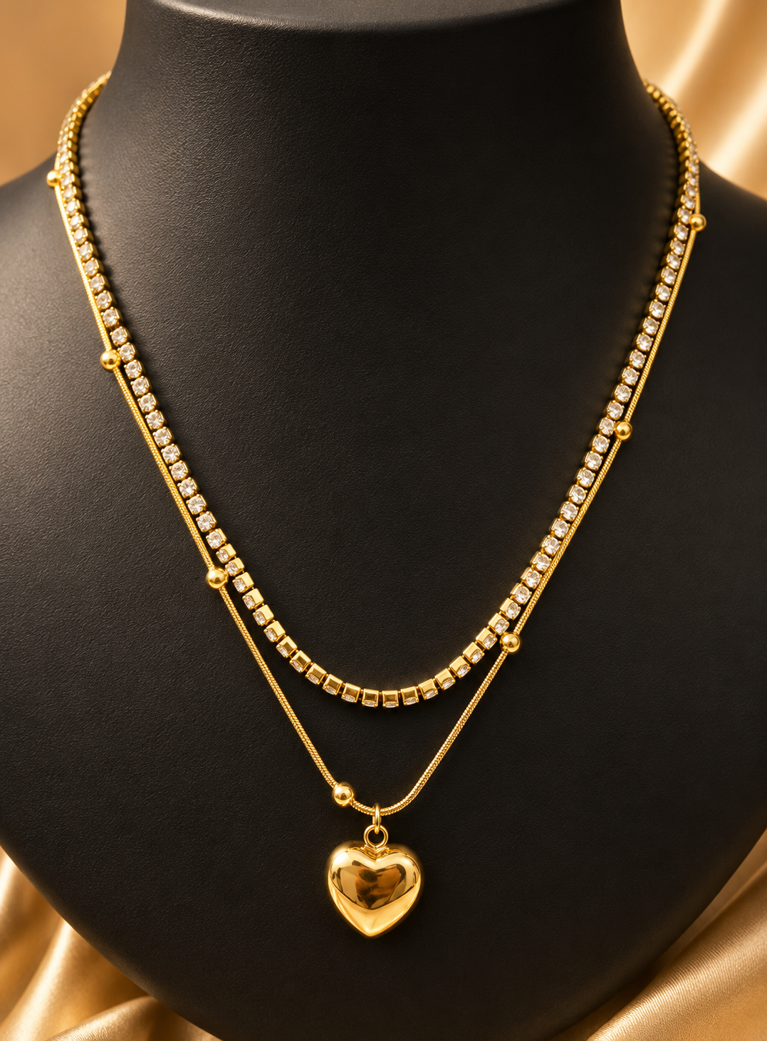 Golden Crystal Heart Layered Necklace
