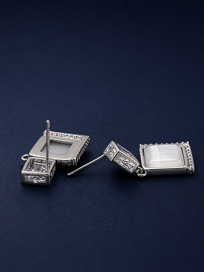 Silver Square Crystal Drop Earrings