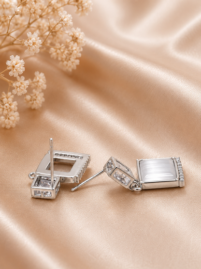 Silver Square Crystal Drop Earrings