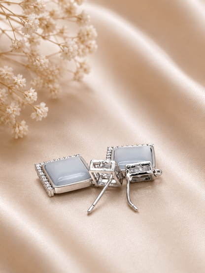 Silver Square Crystal Drop Earrings