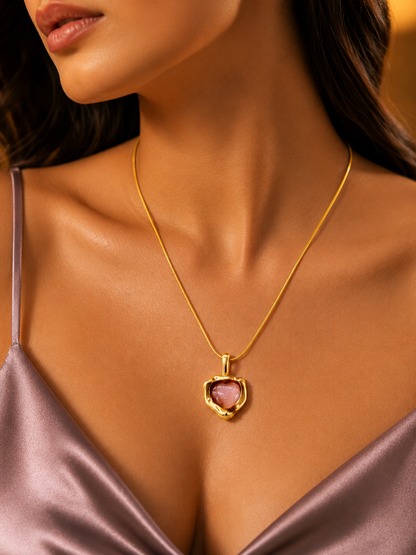 Golden Pink Heart Pendant Necklace