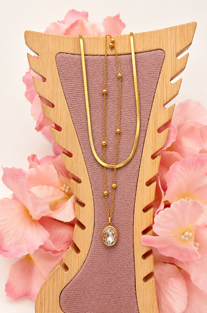 Golden Oval Crystal Layered Necklace