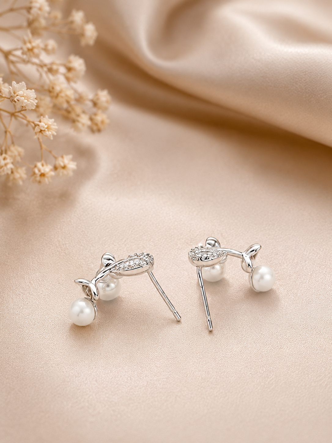 Silver White Flower Drop Earrings