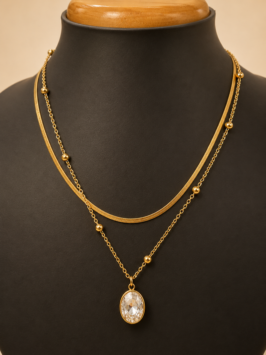Golden Oval Crystal Layered Necklace