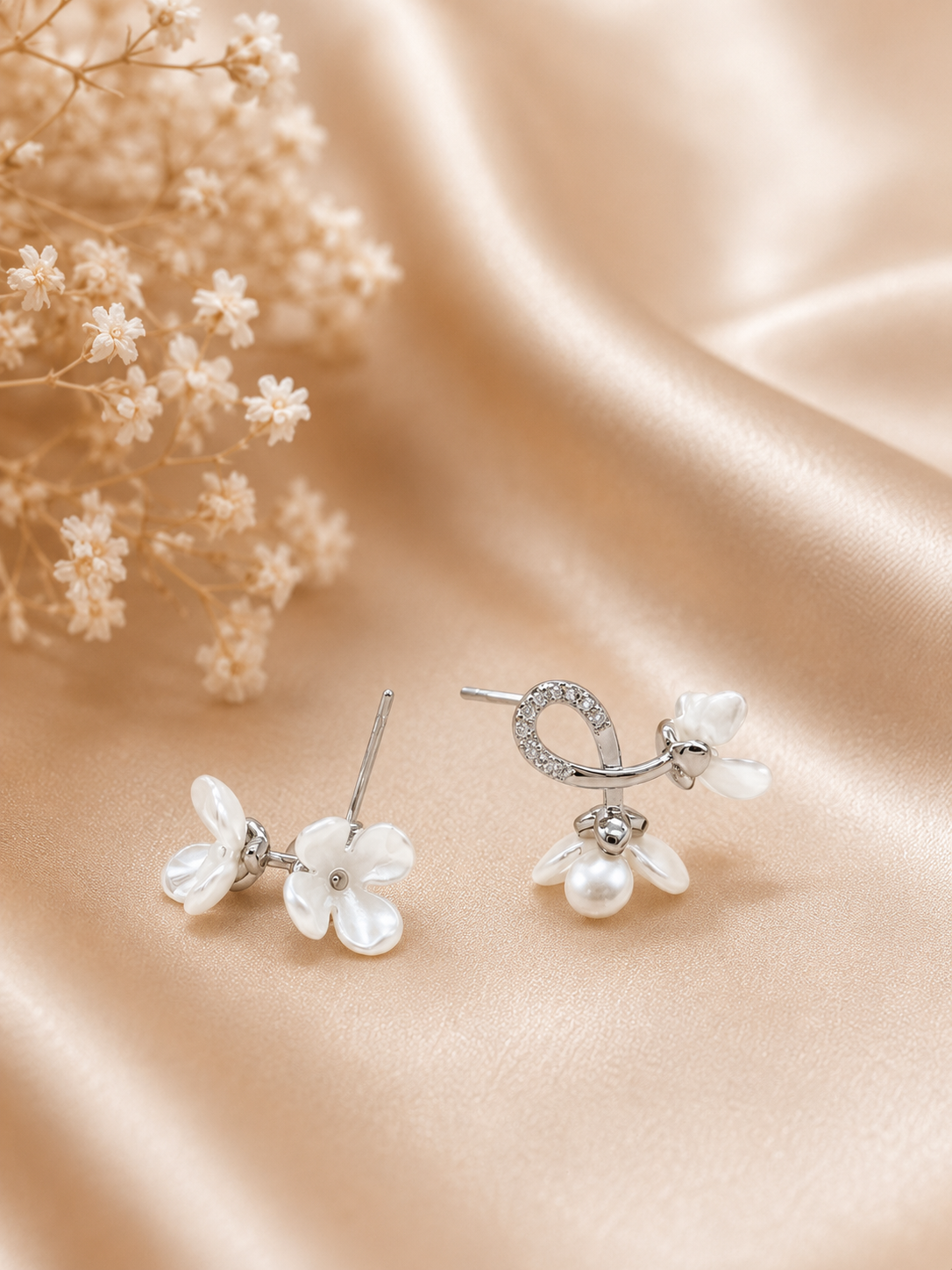 Silver White Flower Drop Earrings