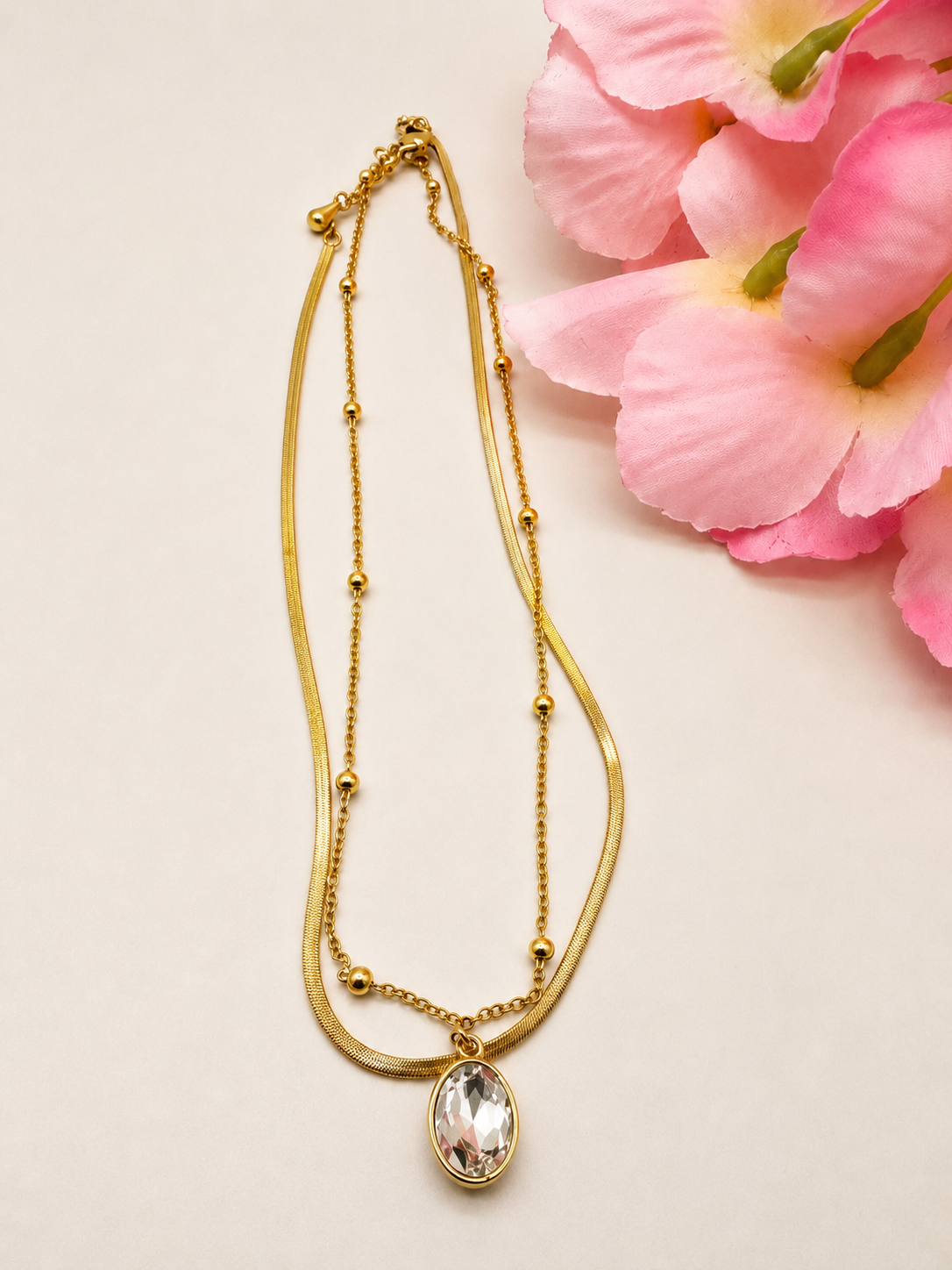 Golden Oval Crystal Layered Necklace